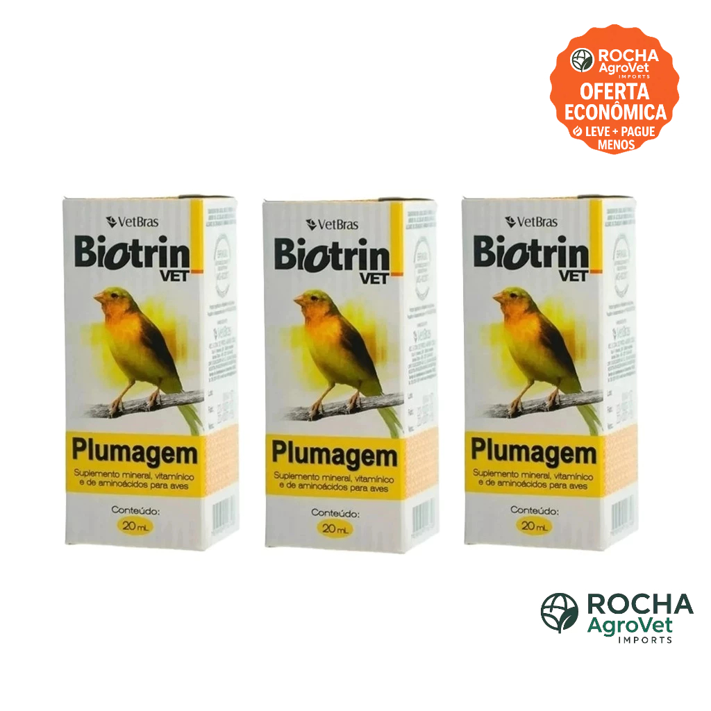 Kit 3 Biotrin Vet PLUMAGEM 20ml Suplemento Vitamínico para Aves - VETBRAS
