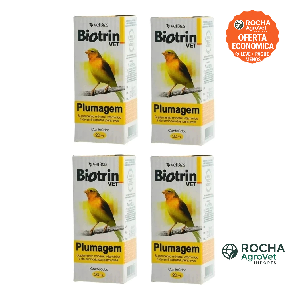 Kit 4 Biotrin Vet PLUMAGEM 20ml Suplemento Vitamínico para Aves - VETBRAS