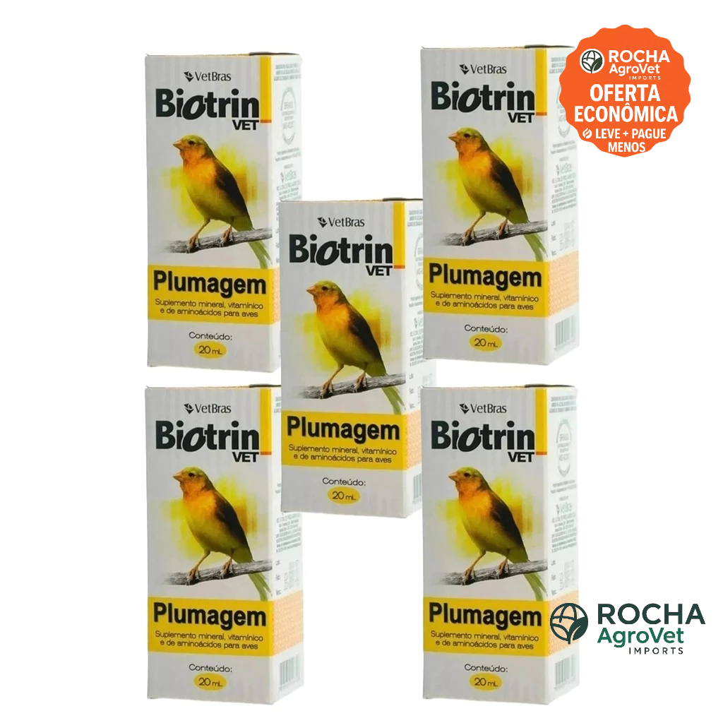 Kit 5 Biotrin Vet PLUMAGEM 20ml Suplemento Vitamínico para Aves - VETBRAS