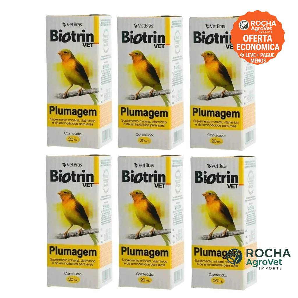 Kit 6 Biotrin Vet PLUMAGEM 20ml Suplemento Vitamínico para Aves - VETBRAS