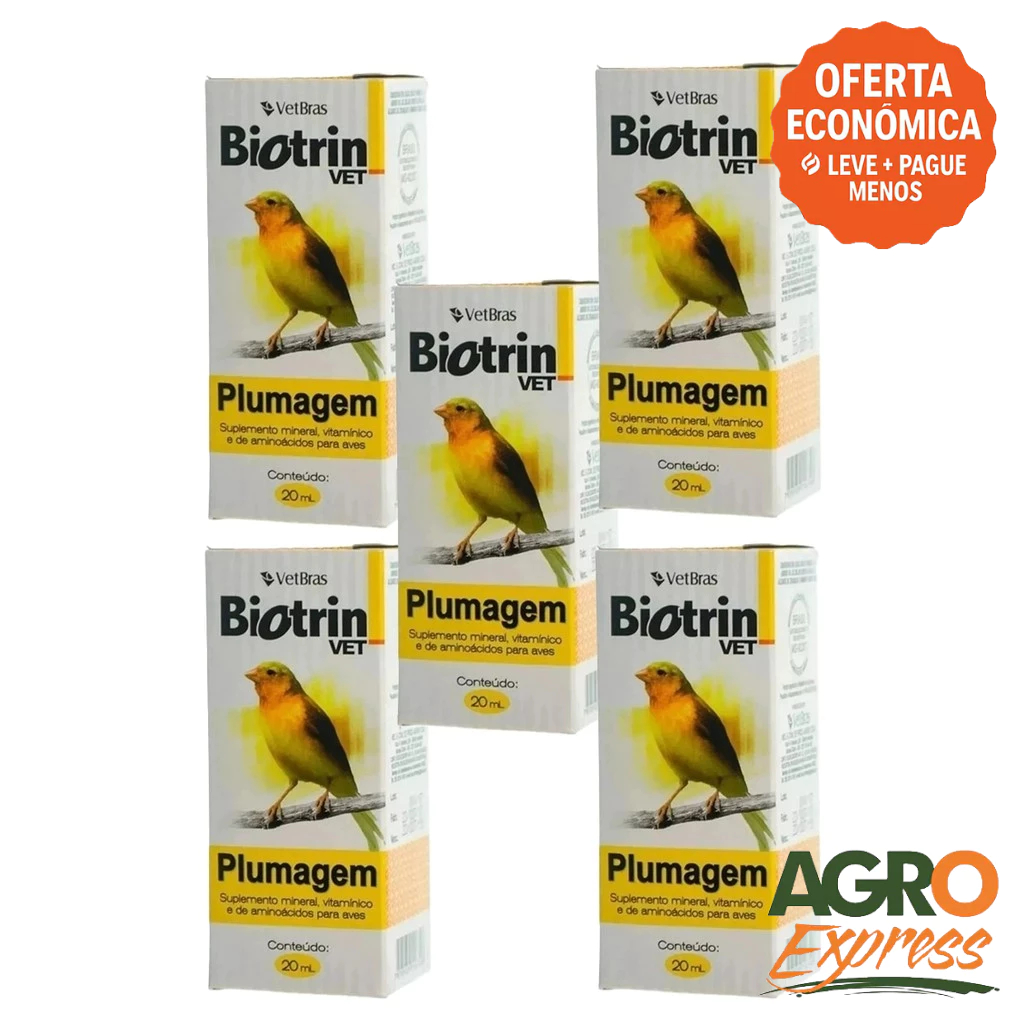 Kit 5 Biotrin Vet PLUMAGEM 20ml Suplemento Vitamínico para Aves - VETBRAS