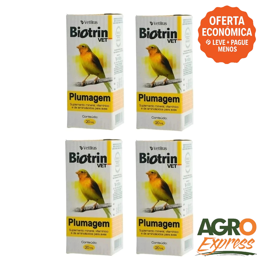 Kit 4 Biotrin Vet PLUMAGEM 20ml Suplemento Vitamínico para Aves - VETBRAS