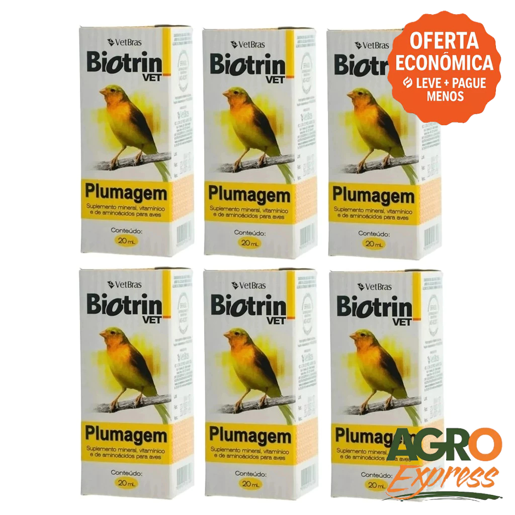 Kit 6 Biotrin Vet PLUMAGEM 20ml Suplemento Vitamínico para Aves - VETBRAS