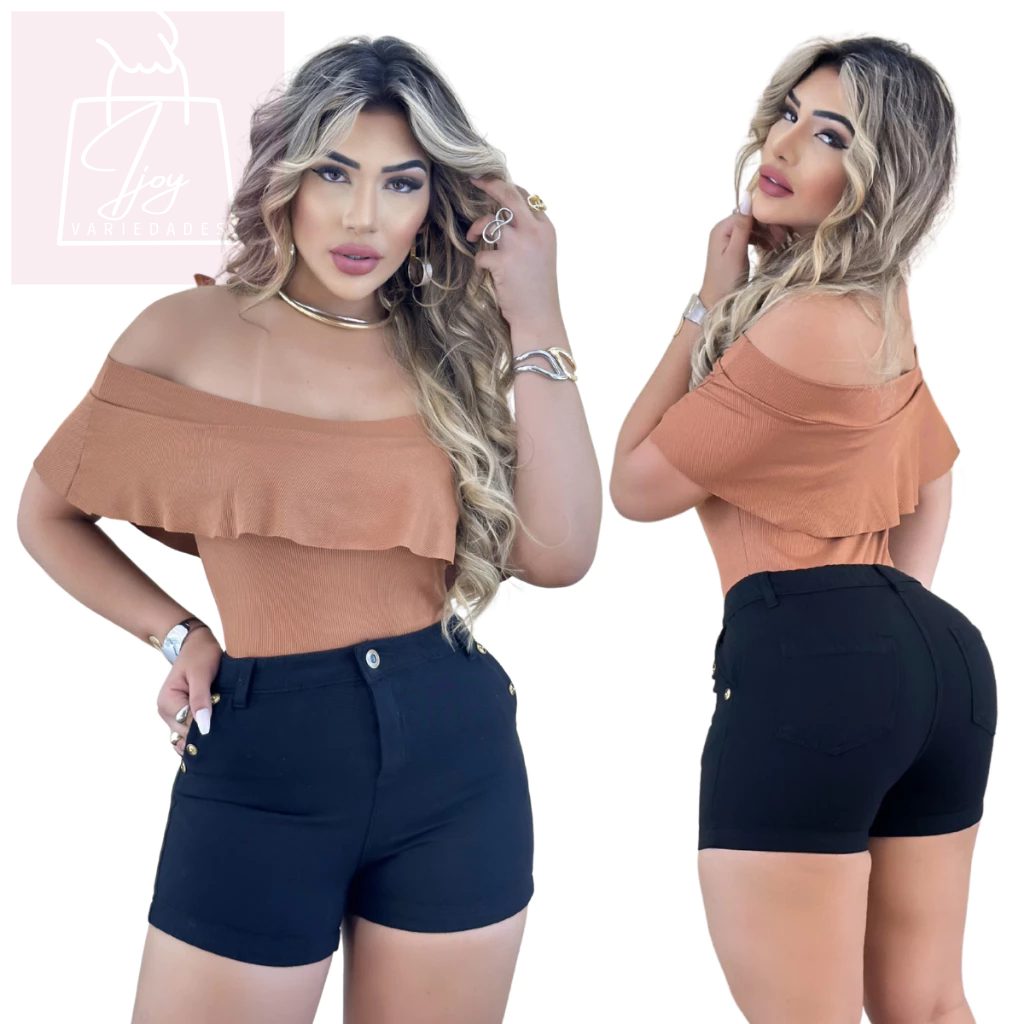 Conjunto Feminino Body Ciganinha +  Short Preto Cintura Alta Look Moda Verão Elegante