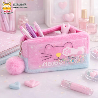 Estojo Nécessaire Gatinho Meow Colorido de Pelúcia com Pompom - Degradê Azul e Rosa em Oferta na Shopee