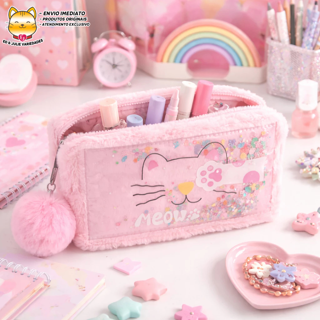 Estojo Nécessaire Gatinho Meow Colorido de Pelúcia com Pompom - Rosa