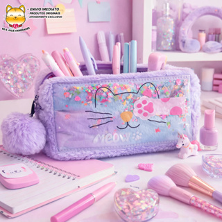 Estojo Nécessaire Gatinho Meow Colorido de Pelúcia com Pompom - Lilás com Azul em Oferta na Shopee