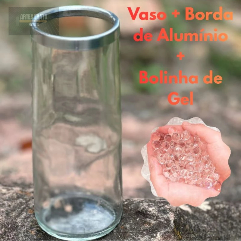 Vaso de Vidro Decorativo 21cm + Bolinha de Gel Transparente com Borda de Alumínio Centro de Mesa