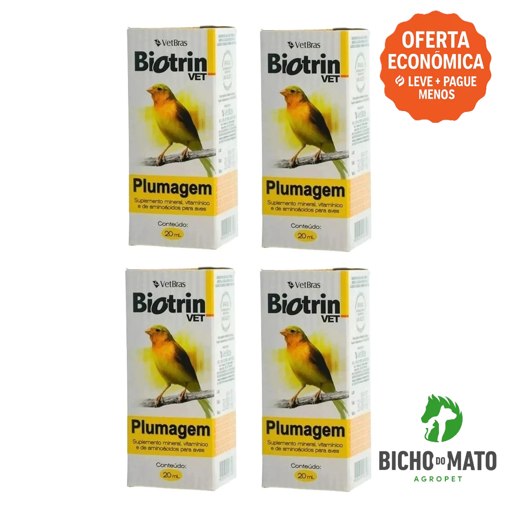 Kit 4 Biotrin Vet PLUMAGEM 20ml Suplemento Vitamínico para Aves - VETBRAS