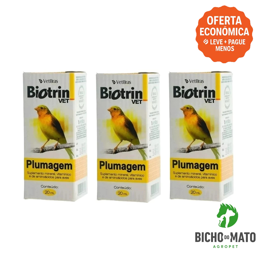 Kit 3 Biotrin Vet PLUMAGEM 20ml Suplemento Vitamínico para Aves - VETBRAS