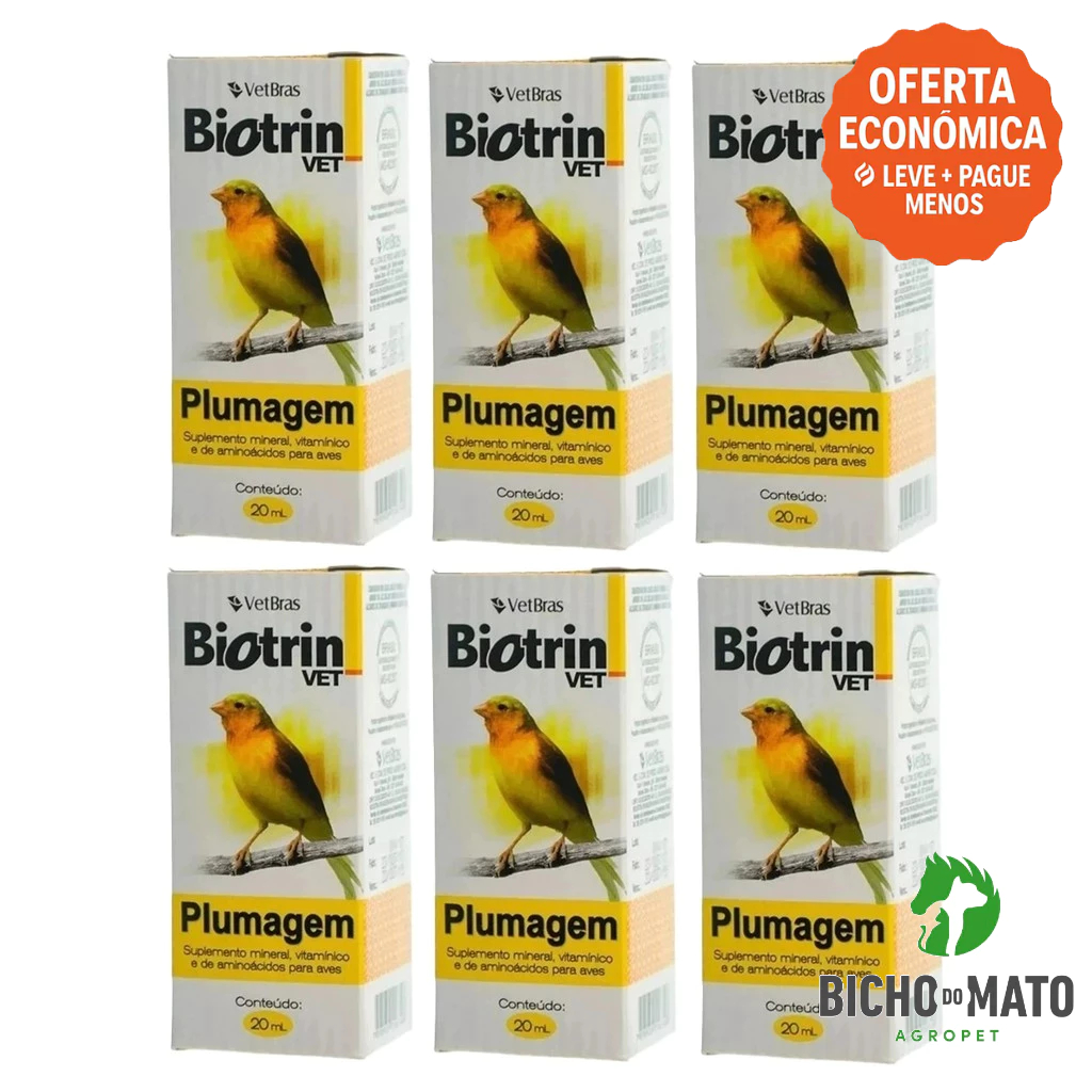 Kit 6 Biotrin Vet PLUMAGEM 20ml Suplemento Vitamínico para Aves - VETBRAS