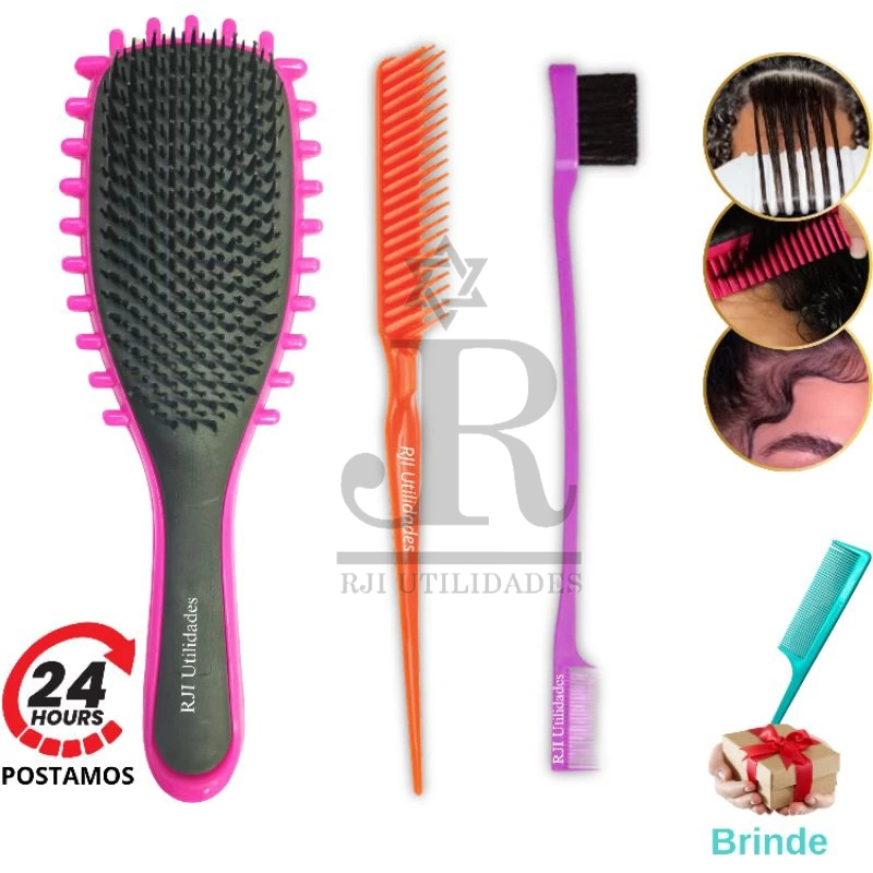 Kit Escova de Cabelo Fitagem Bounce Curl Gringa + Pente 3 Fileiras + Baby Hair 2 em 1