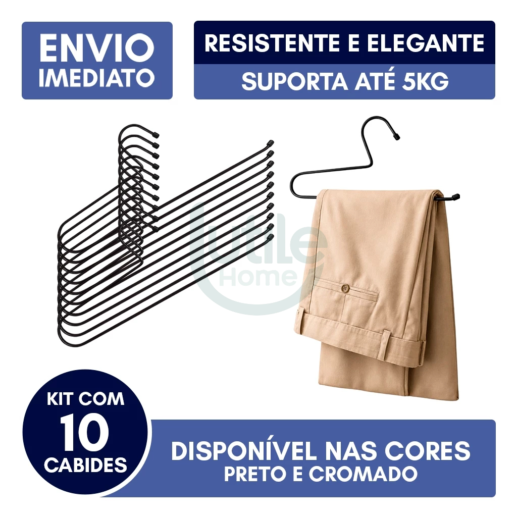 Kit 10 Cabides Calça Aberto Calceiro Resistente Elegante Luxo Aço Carbono Aramado 5kg Preto em Oferta na Shopee