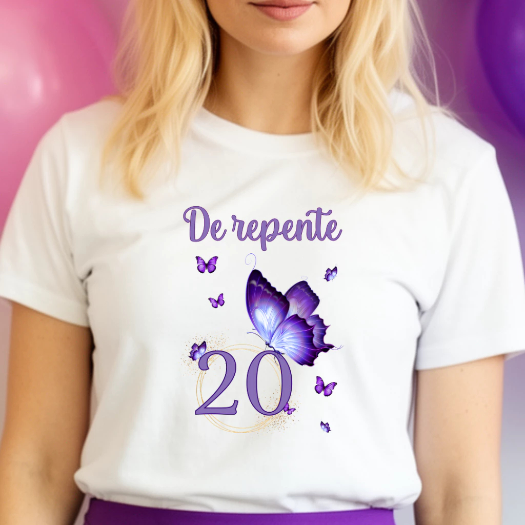 Camiseta Adulto DE REPENTE 20 - Borboleta Roxa Violeta Aniversário 20 anos Butterfly ZLprint