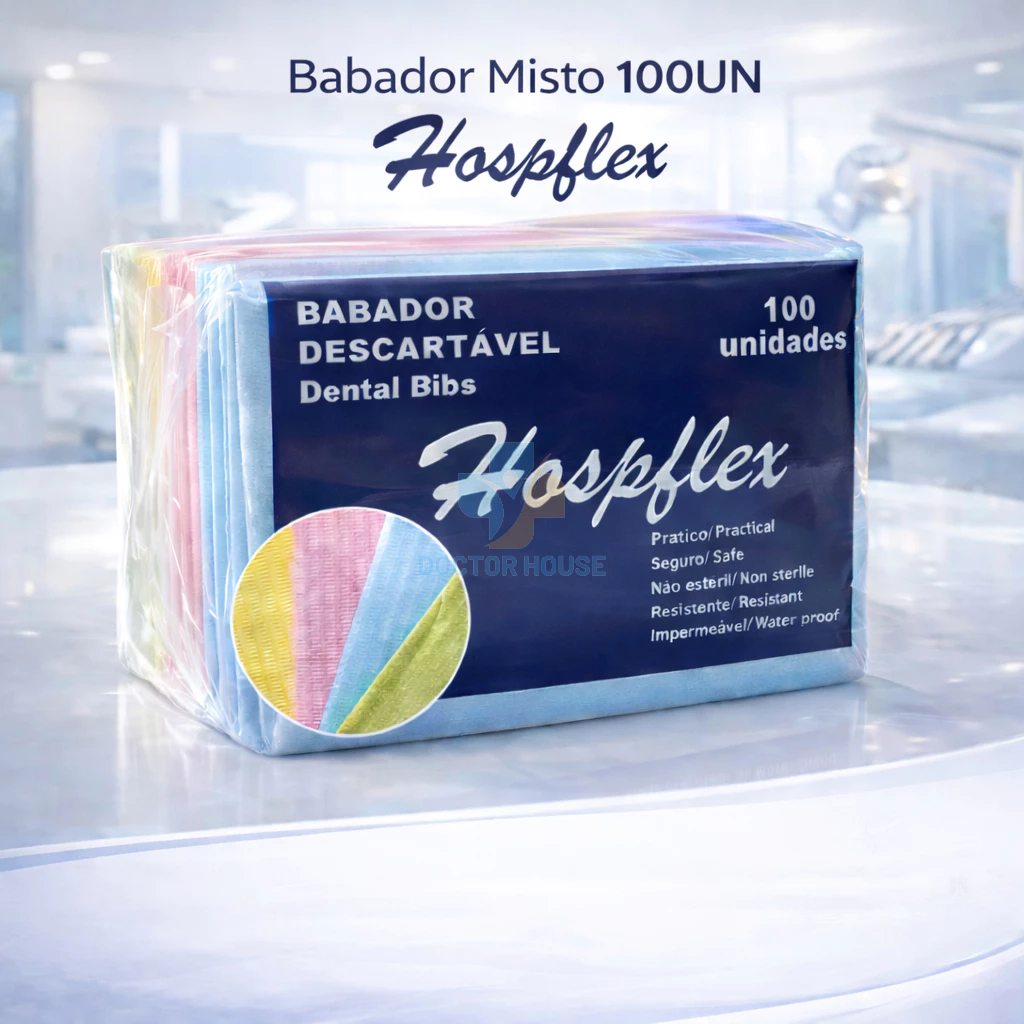 Babador Misto Descartável Hospflex Impermeável 100 Unidades para Odontologia e Clínica Dental