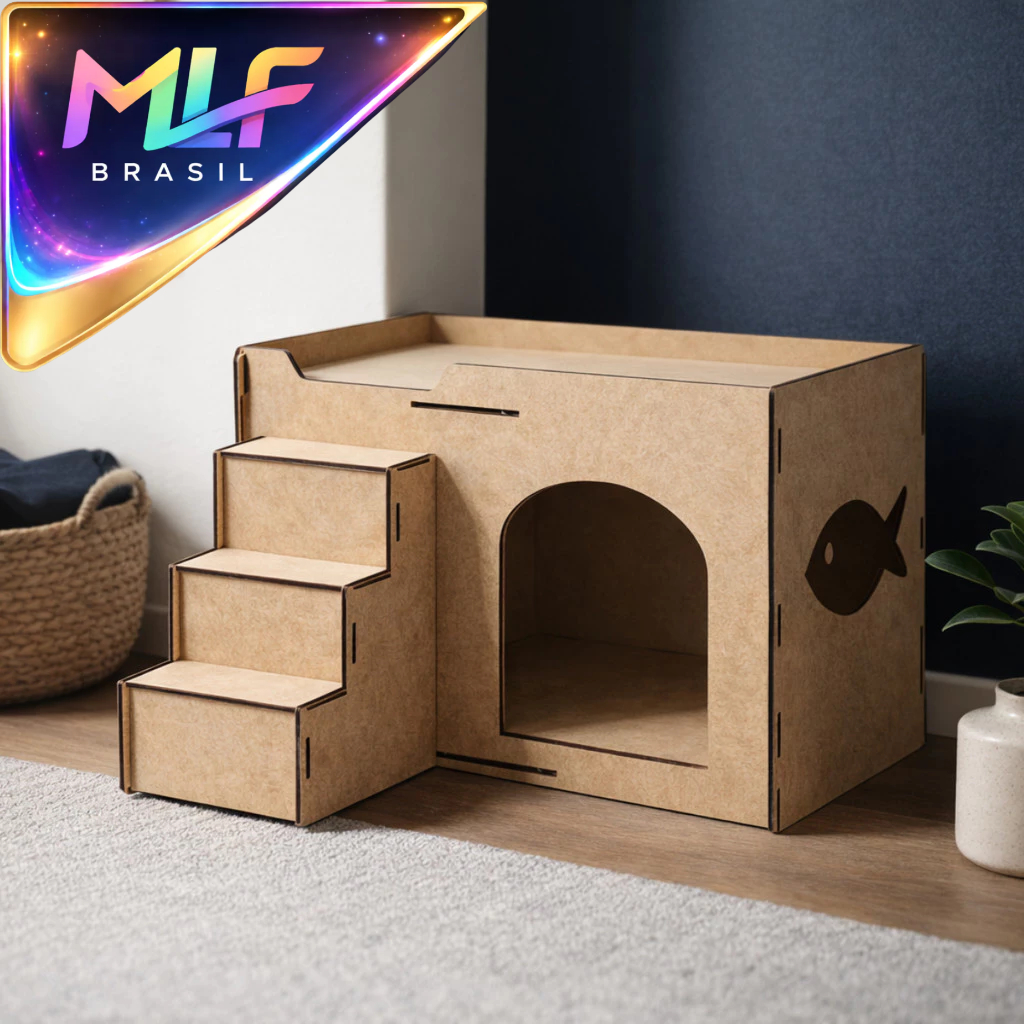 Casa para Gato em MDF Cru com Escada e Plataforma Superior