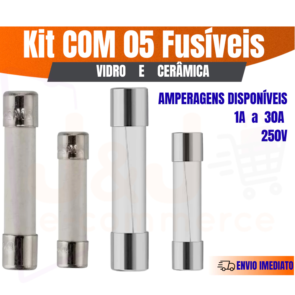 Kit 5 Fusíveis Vidro/Cerâmica 5x20mmpqueno 6x30mmgrande Fusível 1a,2a,3a,5a,6a,7a,8a,10a,15a,20a,30a