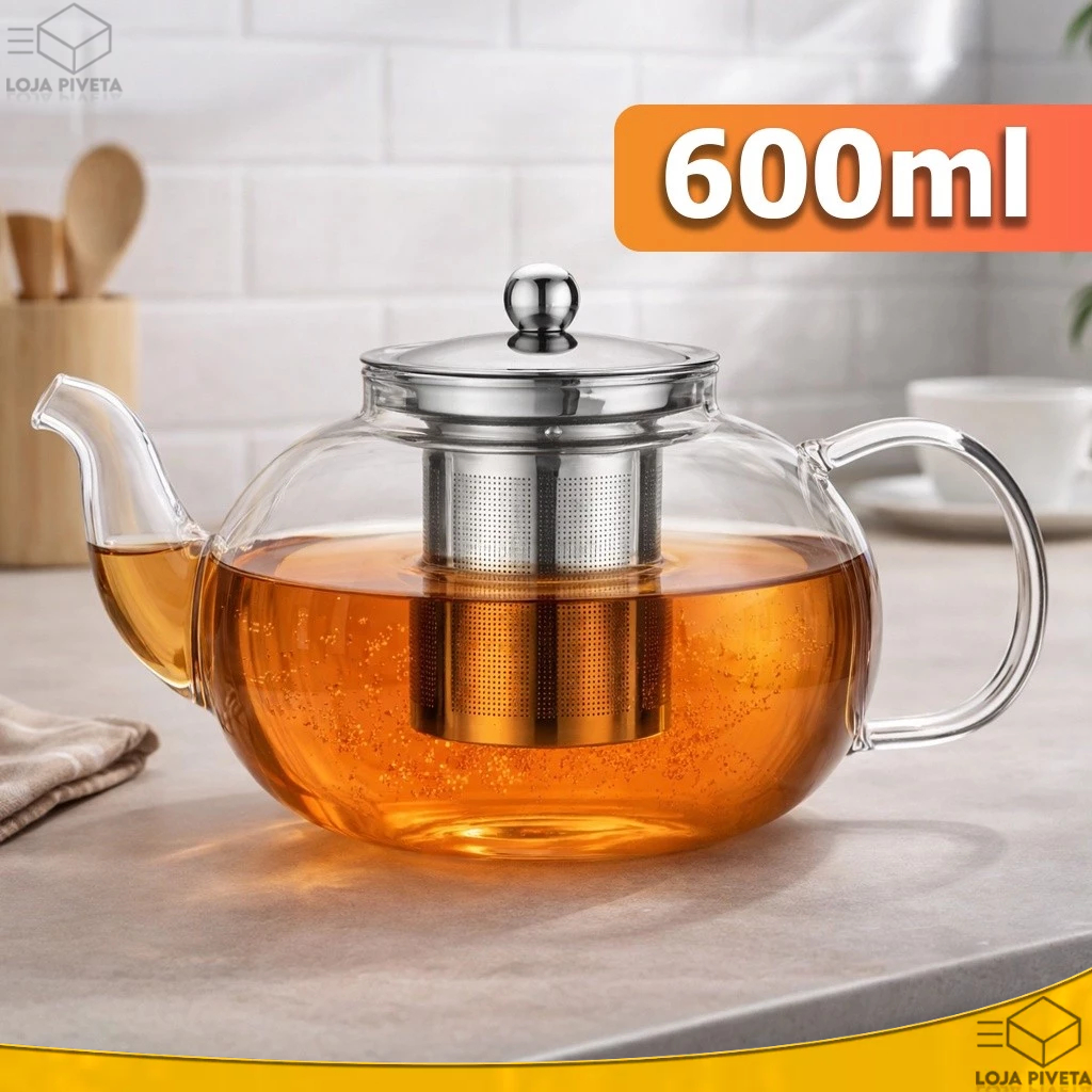Bule Chaleira de Vidro Borossilicato 600ml Com Tampa e Infusor de Aço Inox Para Servir Chá Elegante