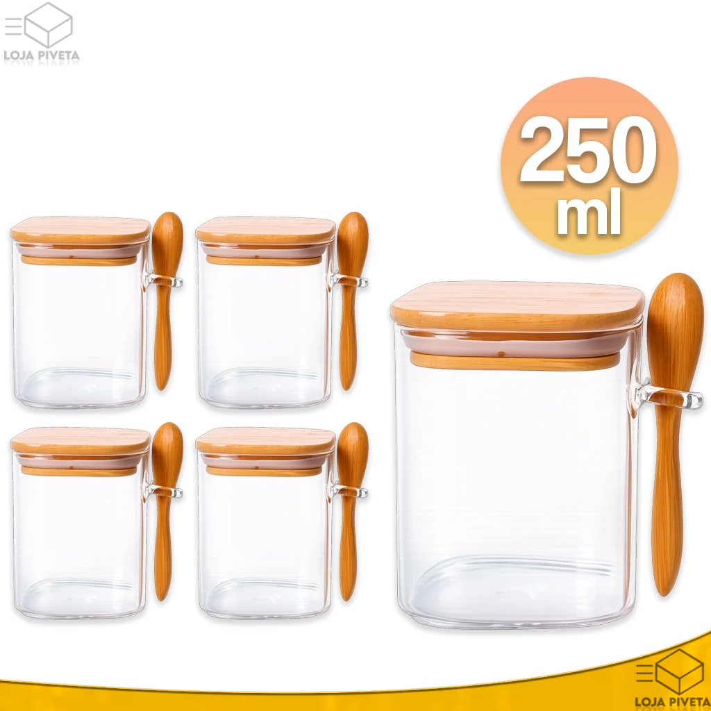 Kit Pote Hermético de Vidro 1/3/5 Quadrado Com Tampa Vedação e Colher de Bambu 250ml Tempero Cozinha em Oferta na Shopee