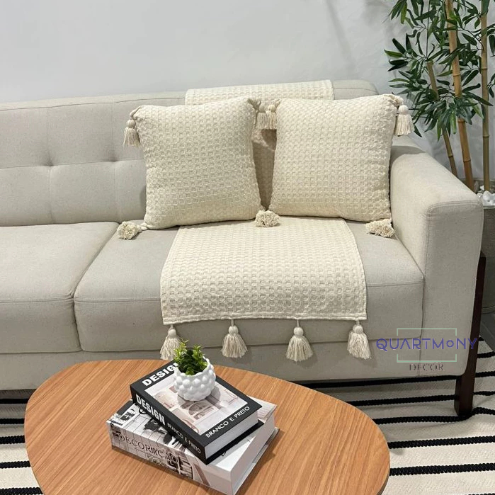 Almofada Pompom Peseira Para Cama Sofa (2 Capas + 1 Peseira) Rustico Artesanal Decorativa Moderno