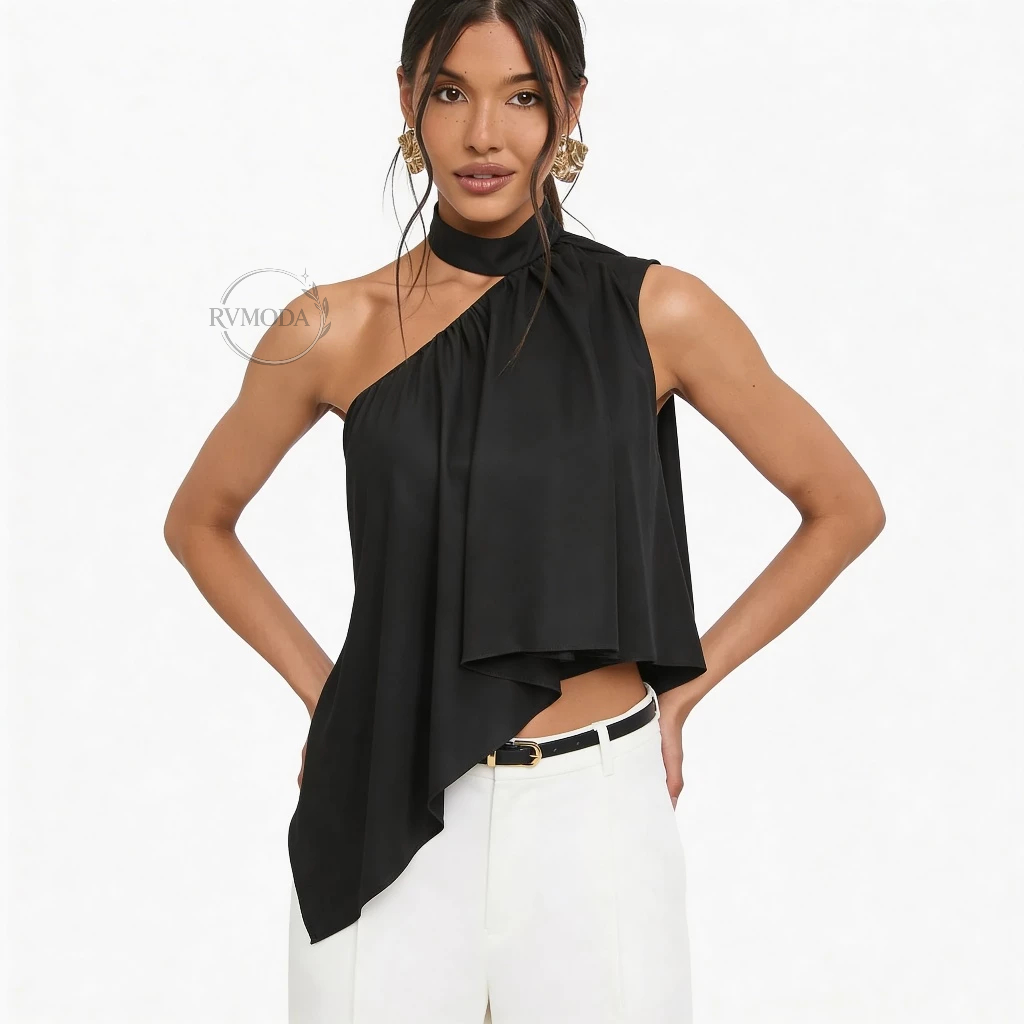 Blusa Feminina Frente Única Gola Alta Assimétrica Boho Chic Elegante Festa Tendência 2026 em Oferta na Shopee