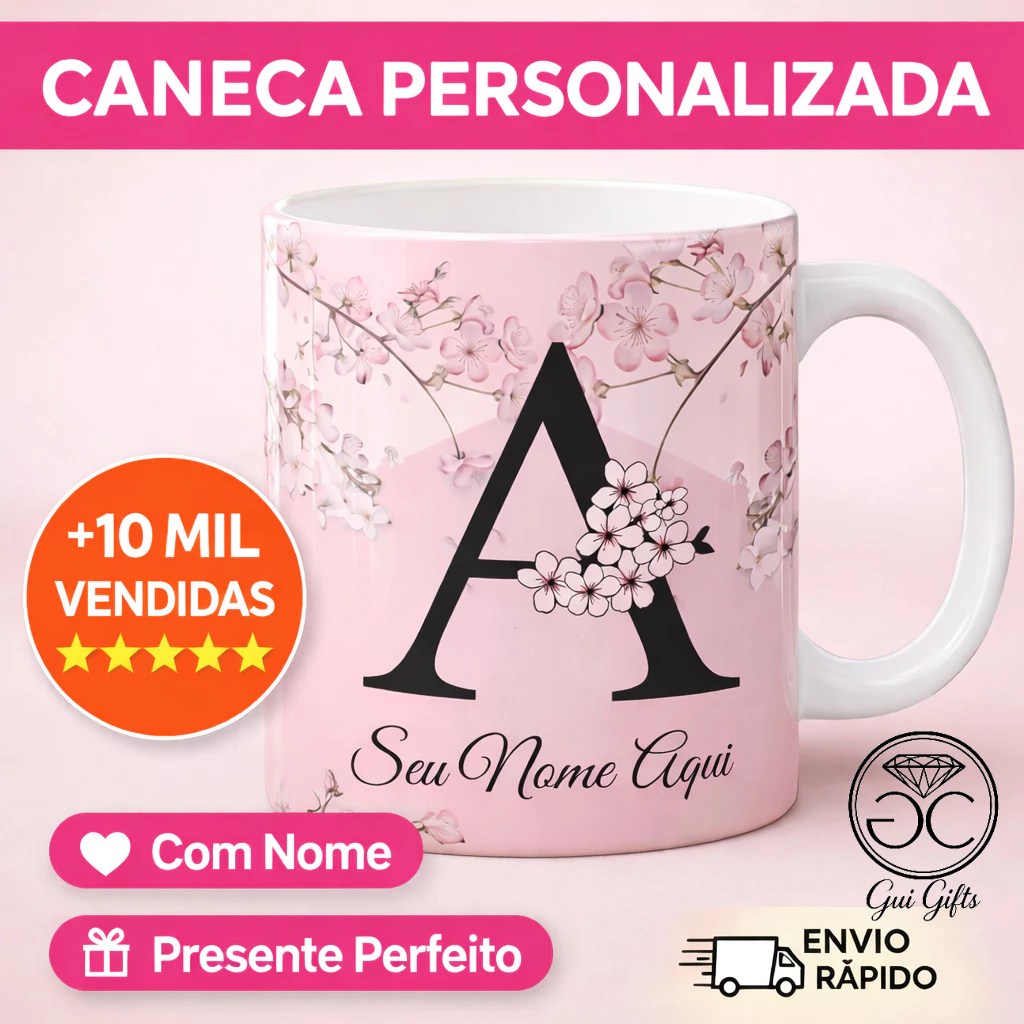 Caneca Xícara Personalizada Presente Com Seu Nome Floral Cerejeira em Oferta na Shopee