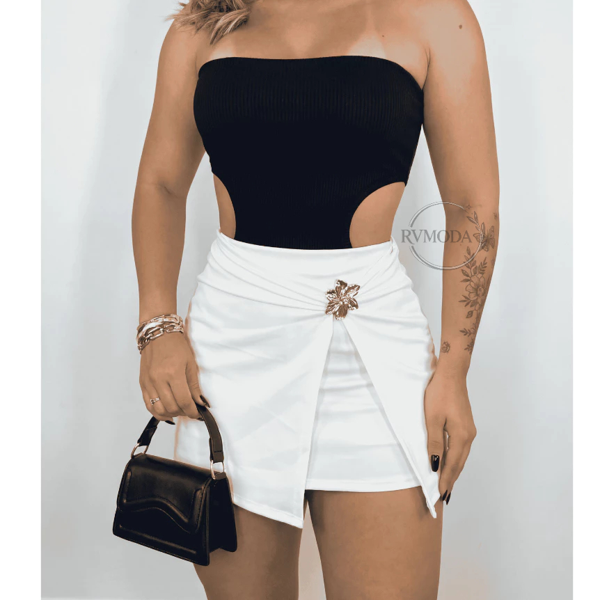 Short Saia Corte Alfaiataria Feminino Cós Alto com Fenda Frontal e Fivela De Flor Lançamento 2026 em Oferta na Shopee