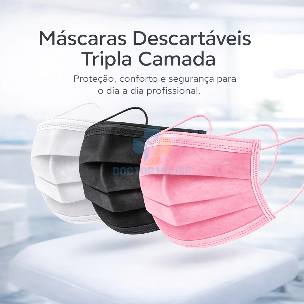 Máscara Descartável Proteção Facial Tripla Kit com 50un Clínica Hospital