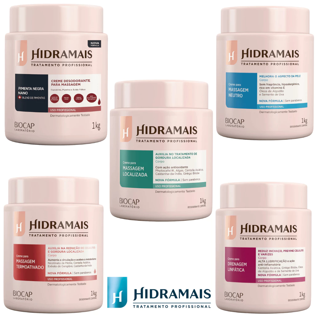 Cremes de Massagem Hidramais 1kg –500g-60G Profissional | Modeladora, Termoativada, Drenagem, Localizada & Neutro Cremes de Massagem Hidramais 1kg –500g-60G Profissional | Modeladora, Termoativada, Drenagem, Localizada & Neutro