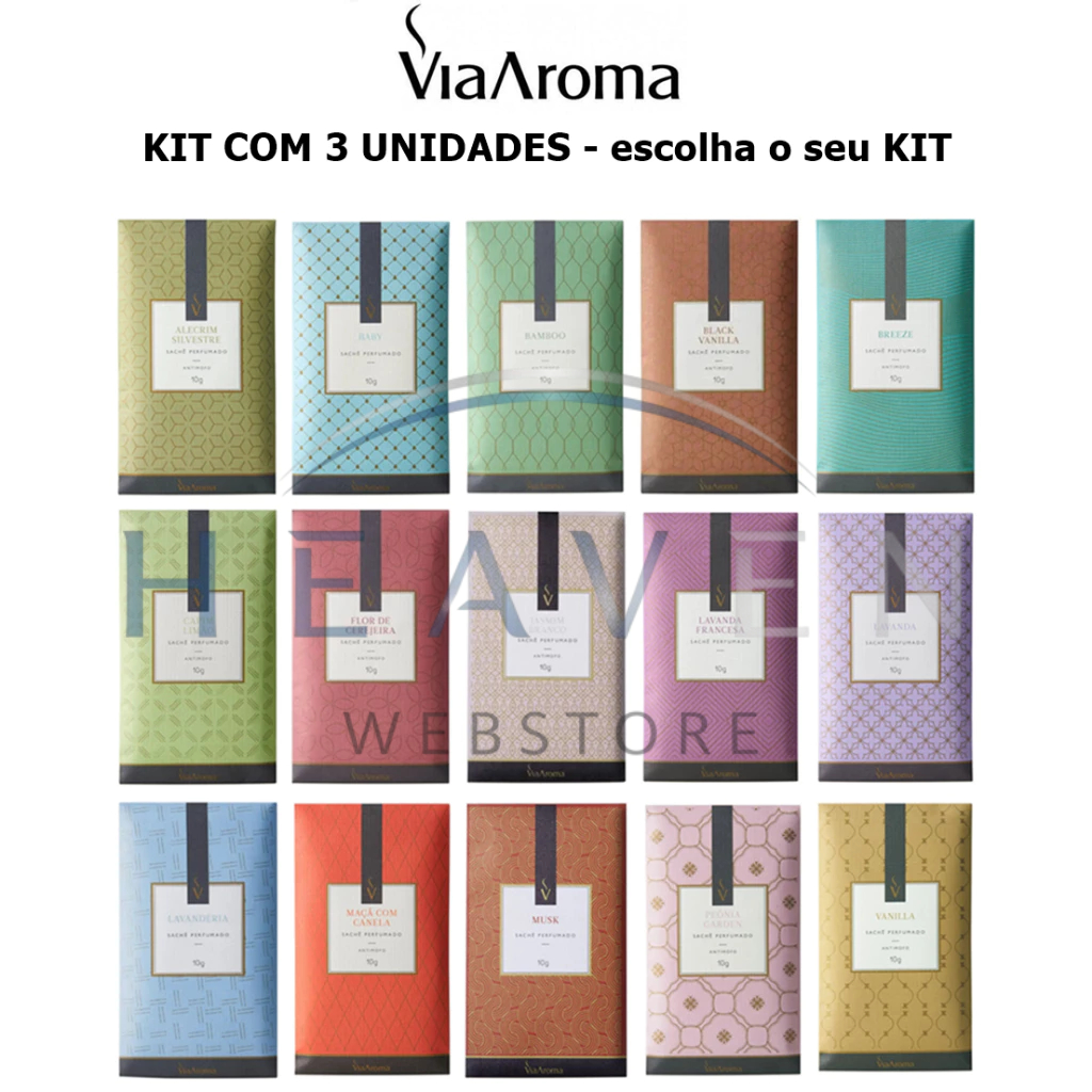 kit 3 Sachê perfumado Aromatizador Via Aroma para Carro Gaveta Closet - Escolha seu Kit