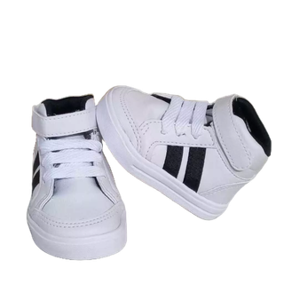 Tênis cano alto estilo botinha de bebê branco com faixa preta unissex infantil em Oferta na Shopee