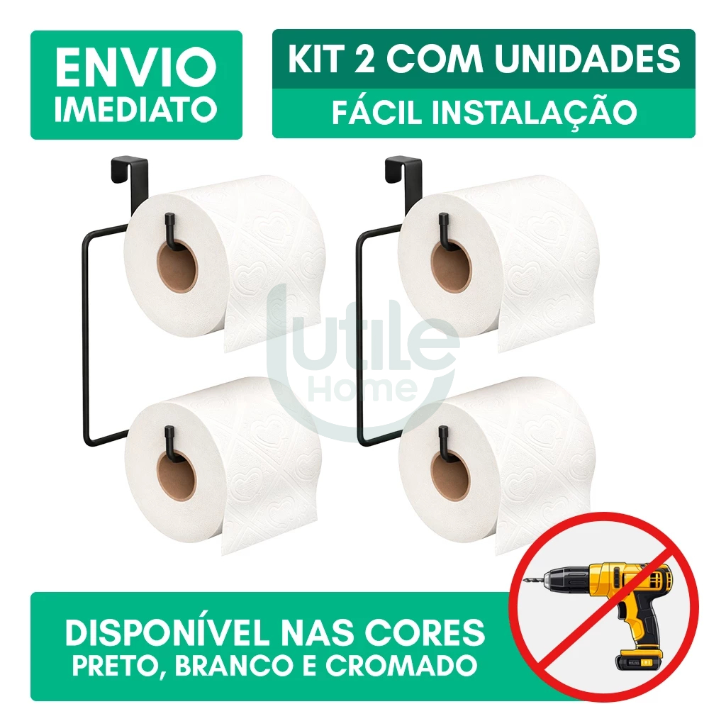 Kit 2 Suporte Porta Papel Higienico Duplo Caixa Acoplada Aramado Aço Preto Cromado Branco