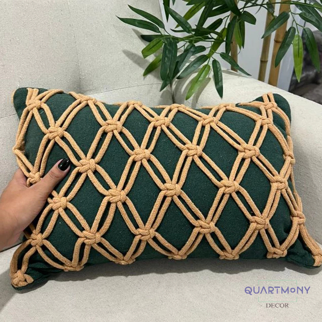 Capa Almofada Baguete Macrame Verde/Caramelo Decorativa Rustico Artesanal Algodao Macrame Moderno em Oferta na Shopee