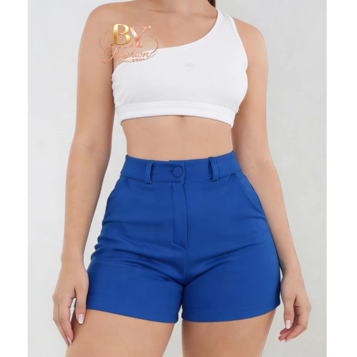 Short Feminino Cintura Alta com Botão Tecido em Neoprene Moda Verão em Promoção 2026 Copa Do Mundo