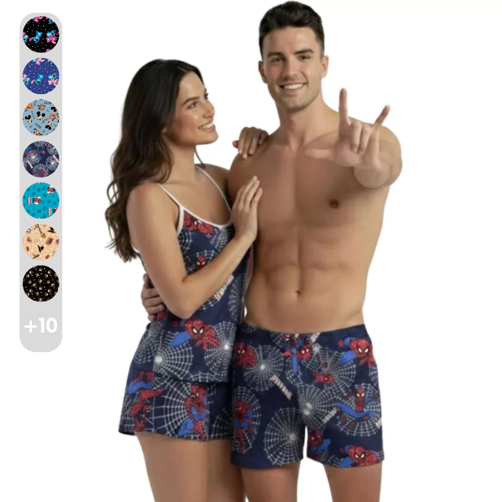 Kit Pijama Casal Feminino Samba Canção Namorados Estampa