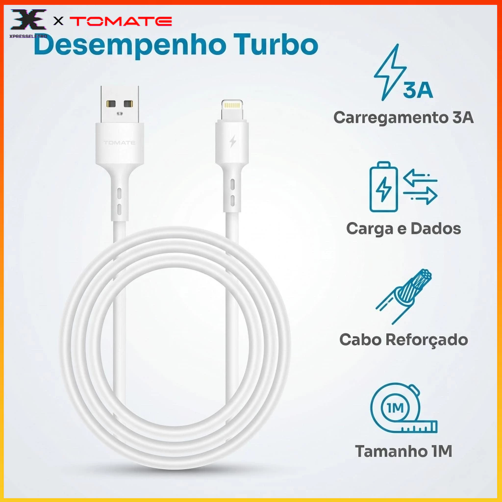 Cabo USB para iPhone Lightning 1M Turbo 3A Carregamento Rápido Dados Alta Resistência Compatível iphone