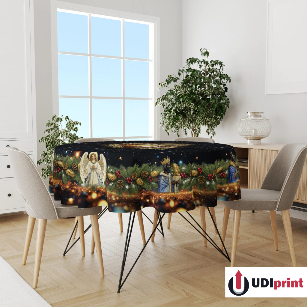 Toalha De Mesa Redonda Decoração de Natal em Tecido Poliéster Sala de jantar Feliz Natal -140x140 cm
