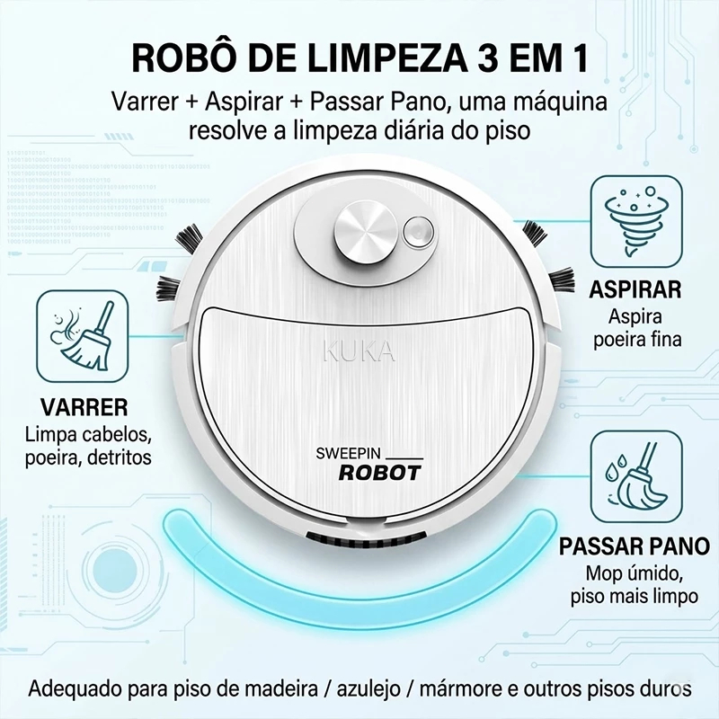 Robô Varredora/Aspirador De Pó Automática 3 Em 1 Limpeza Doméstica Robótico Inteligente E Silencioso — imagem 2 de 2