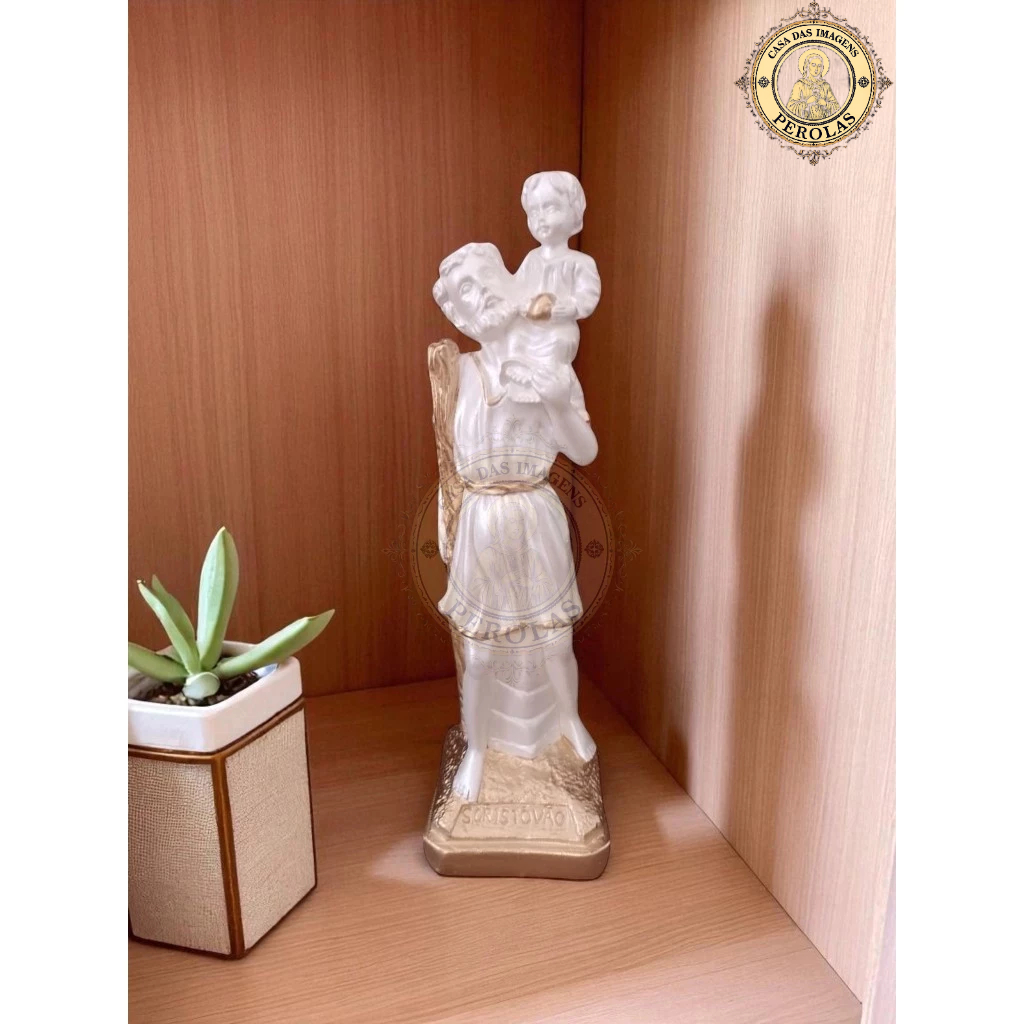 imagem são cristovão 21 cm gesso perola e dourado padroeiro dos motoristas proteção viajantes decoração religiosa fé em Oferta na Shopee
