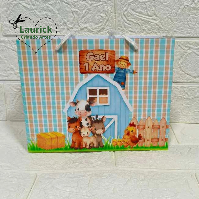 Sacolinha M horizontal Fazendinha Aquarela Personalizada Festa Infantil Lembrancinha Pegue e Monte