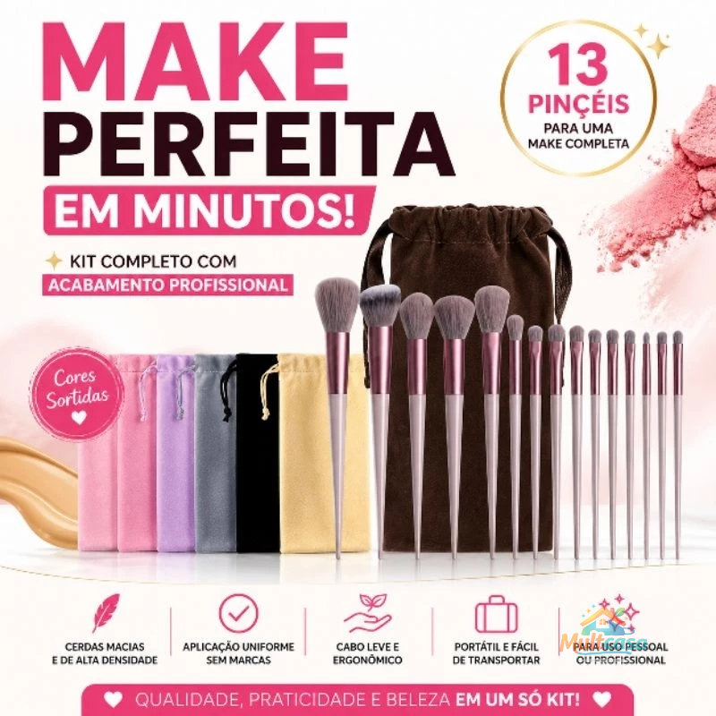 Kit Pincéis de Maquiagem 13 Peças Profissional com Estojo Veludo Macio Completo