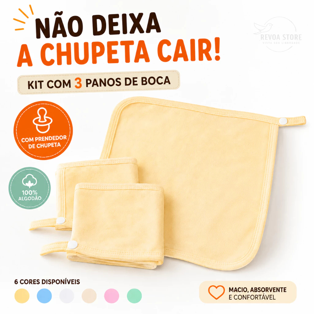 Pano de Boca Bebê com Prendedor de Chupeta Kit 3