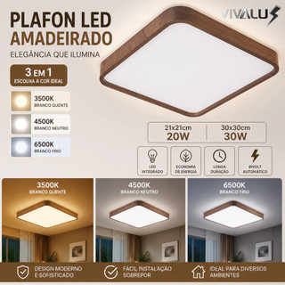 Luminária De LED Plafon Amadeirado Madeira Natural Wood Para Sala Quarto Lavabo Sobrepor LED 3 Em1