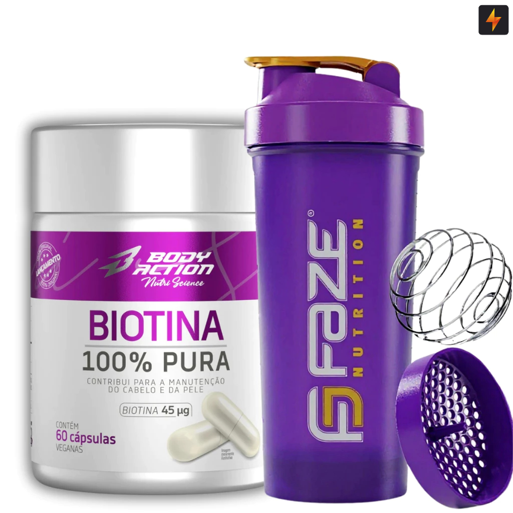 Kit Biotina 100% Pura 60 Cápsulas Manutenção da Pele, Cabelo e Unha - Body Action + Coqueteleira