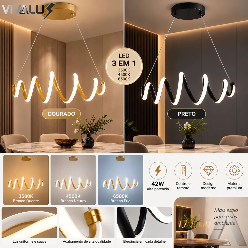 Luminária Pendente LED 3 Cores Em 1 Dourado Preto Moderno Minimalista Para Mesa Bancada Sala Cozinha