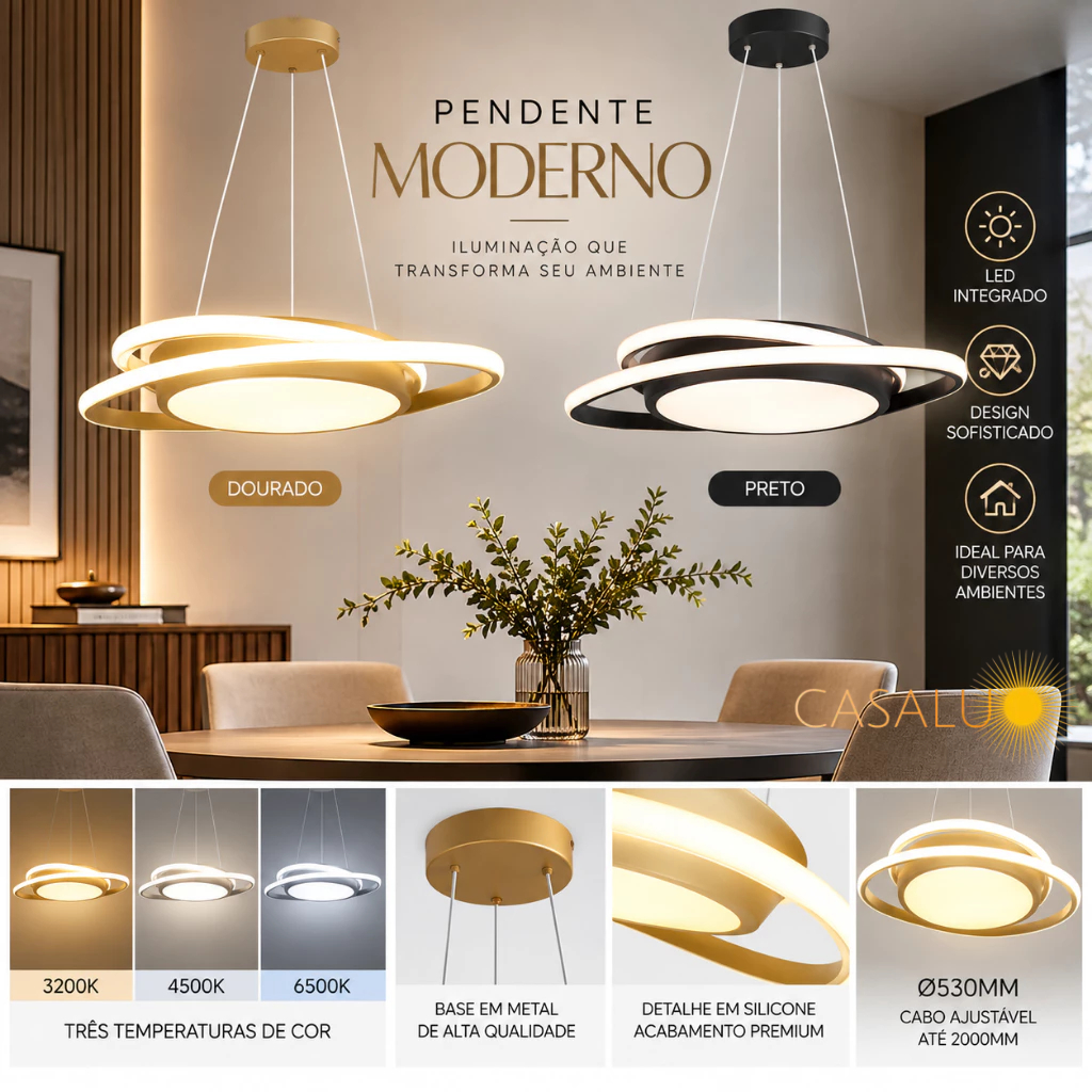 Luminária Pendente Dourado Preto 3 Luzes Em 1 Moderno Luxo Minimalista Para Sala De Jantar Mesa Hall