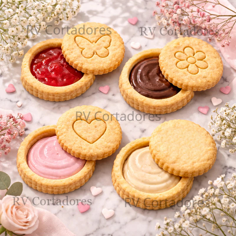Cortador e Marcador Biscoito Recheado Kit Encanto de 5cm Confeitaria Pasta Bisconut Geleia Bolacha
