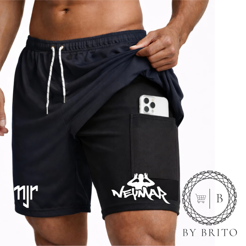 Bermuda Shorts Compressão 2 em 1 NJR02 Masculino Futebol Corrida Academia Treino Fitness Esportivo Dry Fit Elastano Musc