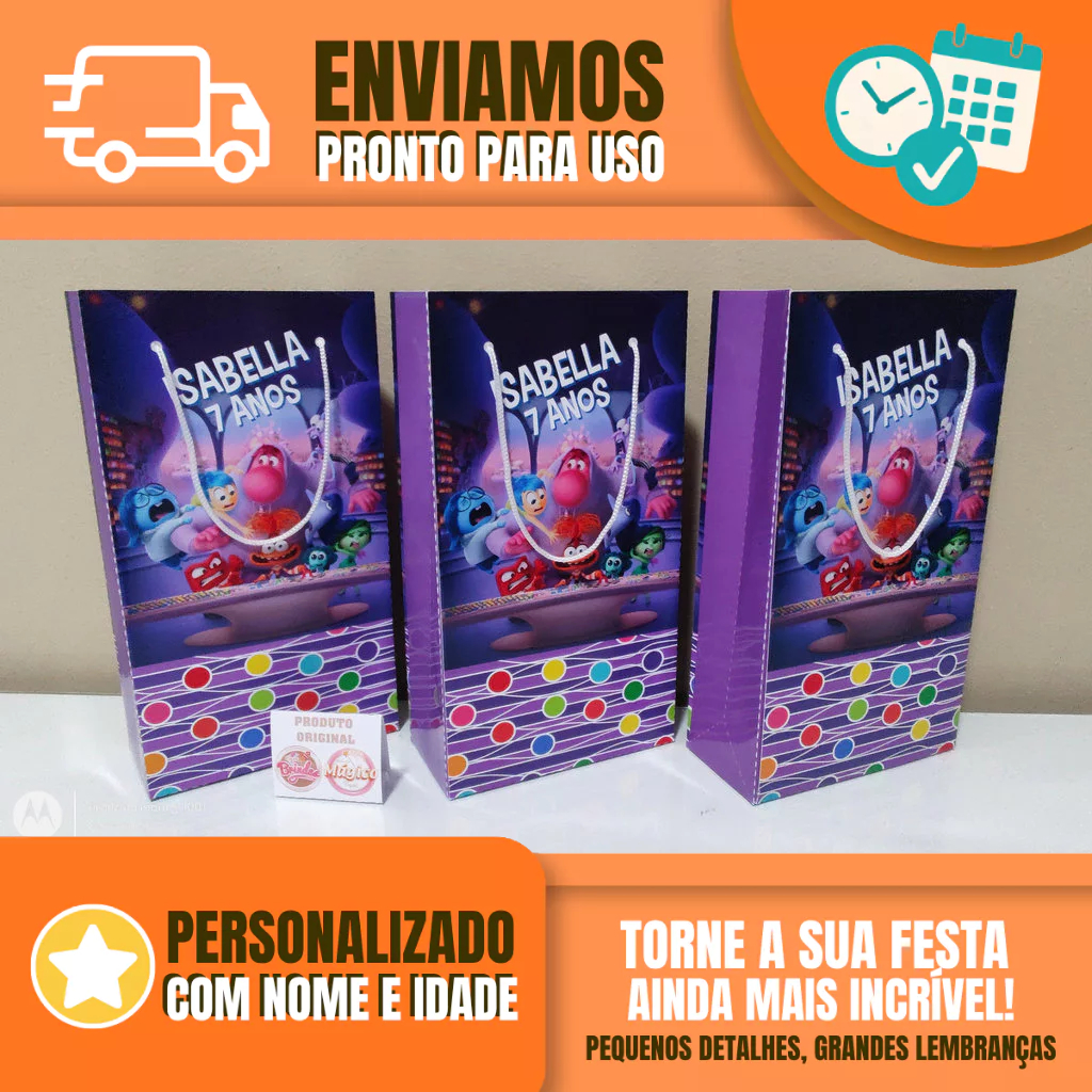 Sacolinha Personalizada para Festa Infantil - Lembrancinha -  Sacolinha Surpresa - Divertidamente