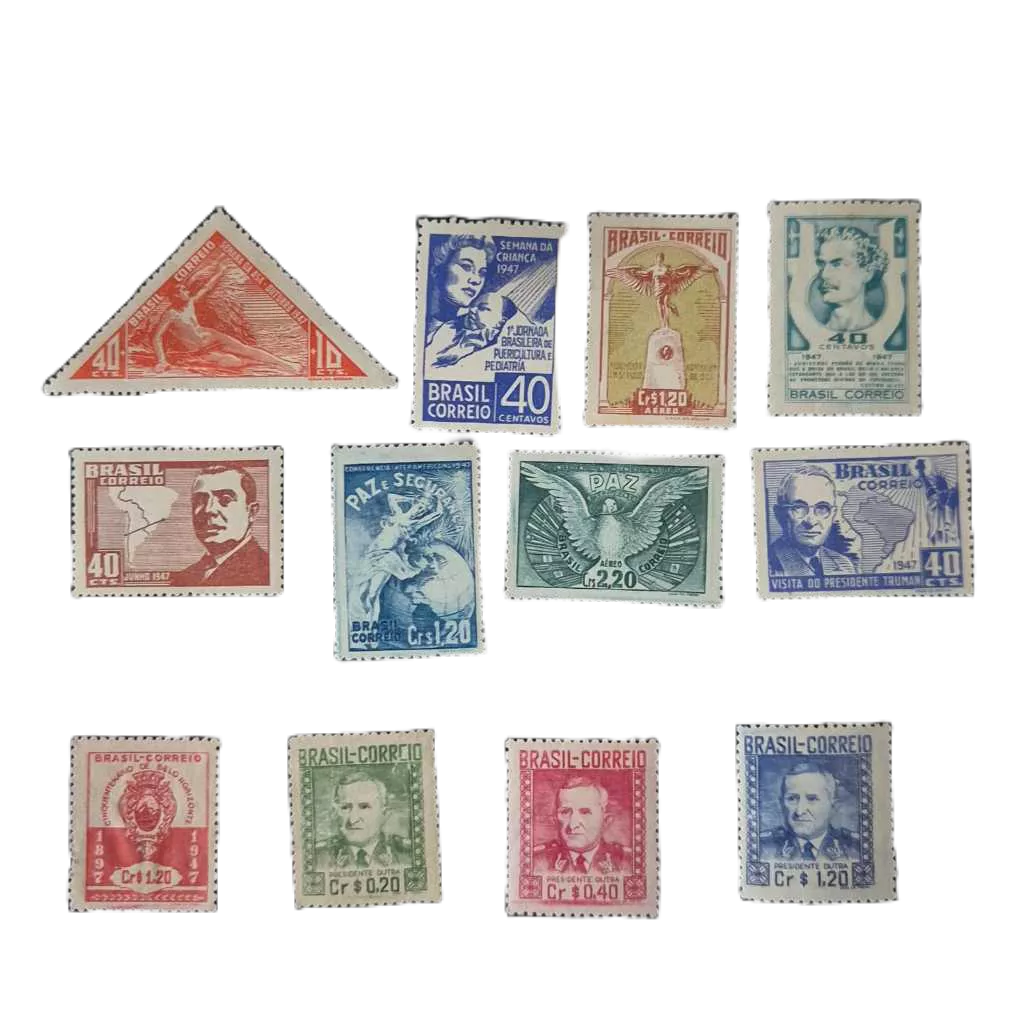 Ano completo de selos comemorativos e aeréos dos Correios do Brasi, selos NOVOS e MINT. Ano 1947.